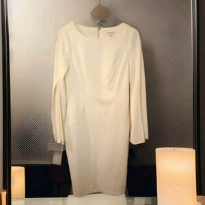 Calvin Klein White Linen Dress Size 4 Bell Flared Split Sleeves Zippered Back